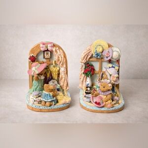 Vintage Collectible Teddy Bear Figurine Hat Scene Resin Bookends